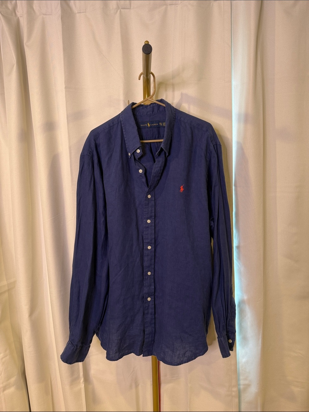 Ralph Lauren LINEN Men’s Xxl Dark Blue Button-Down Shirt with Red Pony 2X